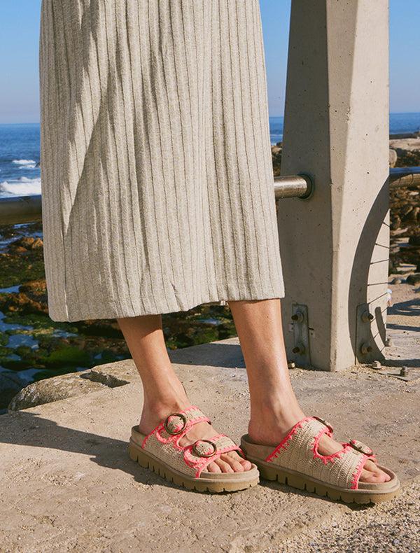 Laidbacklondon Clay Handwoven Crochet Double-Buckle Sandals Neon Pink