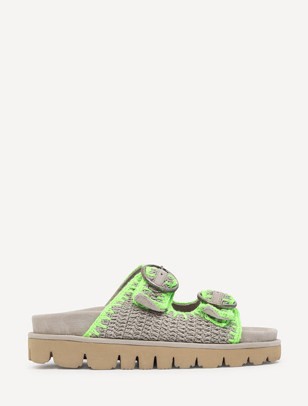 Laidbacklondon Clay Handwoven Crochet Double-Buckle Sandals Neon Green
