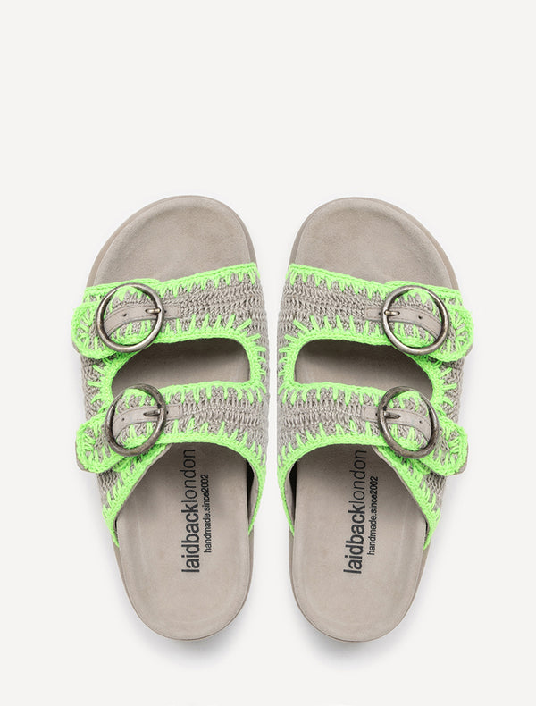 laidbacklondon Clay Handwoven Crochet Double-Buckle Sandals Neon Green