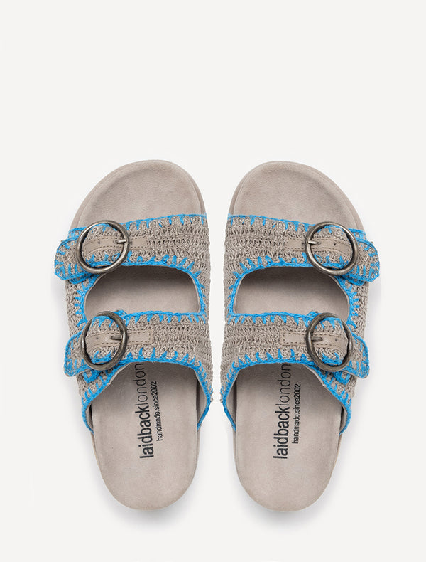 laidbacklondon Clay Handwoven Crochet Double-Buckle Sandals Neon Blue