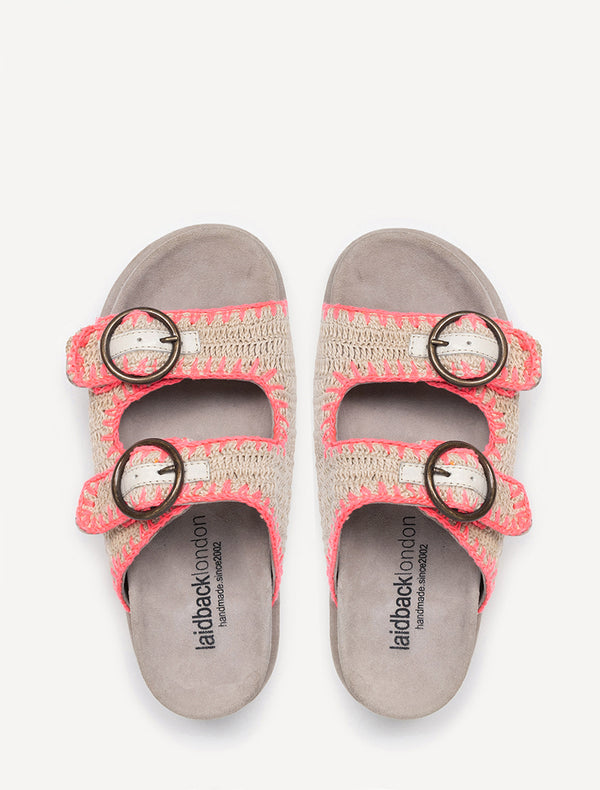 laidbacklondon Clay Handwoven Crochet Double-Buckle Sandals Neon Pink