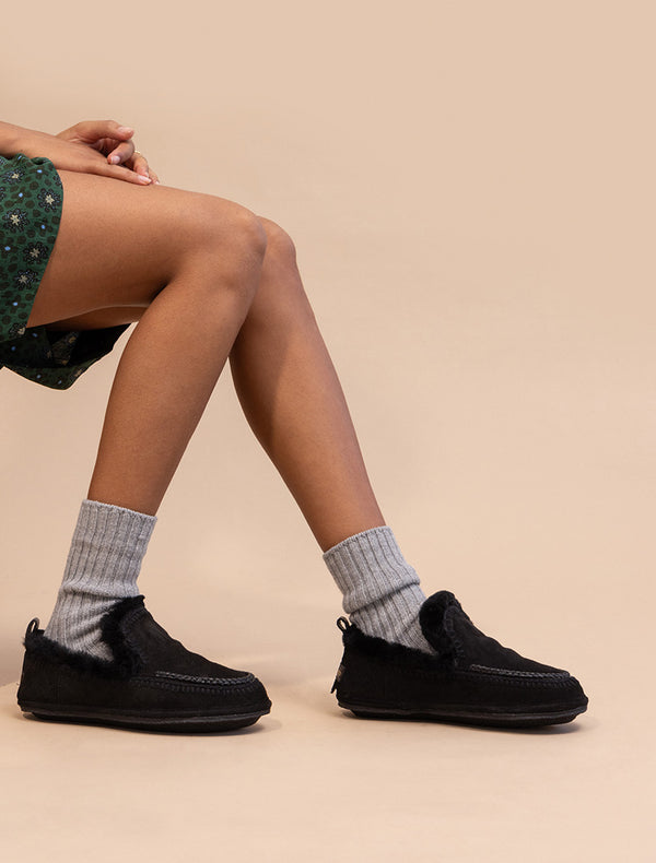 Laidbacklondon Jude Crochet Sheepskin Slipper Black Suede Black