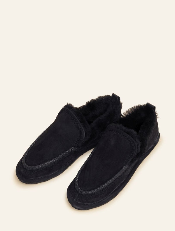 Laidbacklondon Jude Crochet Sheepskin Slipper Black Suede Black
