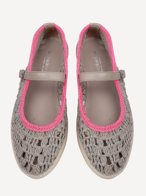 Laidbacklondon Knott Hand-Crocheted Mary Jane Flats Light Grey Pink