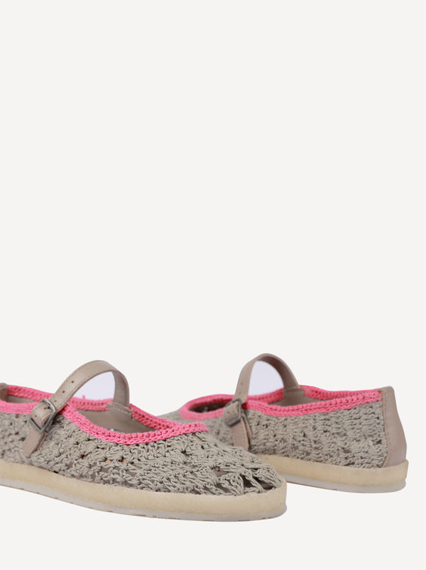 Laidbacklondon Knott Hand-Crocheted Mary Jane Flats Light Grey Pink