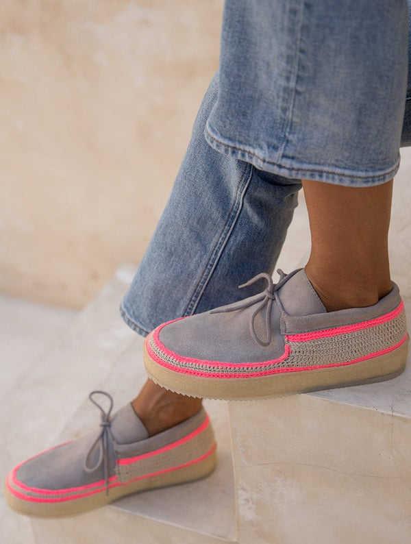 Laidbacklondon Komo Crochet Moccasin Fossil Neon Pink