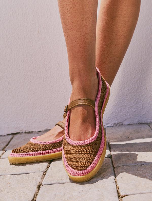 Laidbacklondon Loom Hand-Crocheted Mary Jane Flats Choc Baby Pink