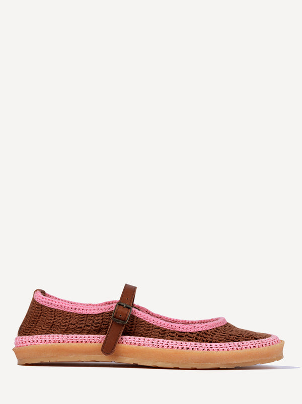 Laidbacklondon Loom Hand-Crocheted Mary Jane Flats Choc Baby Pink