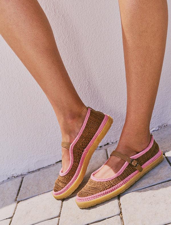laidbacklondon Loom Hand-Crocheted Mary Jane Flats Choc Baby Pink
