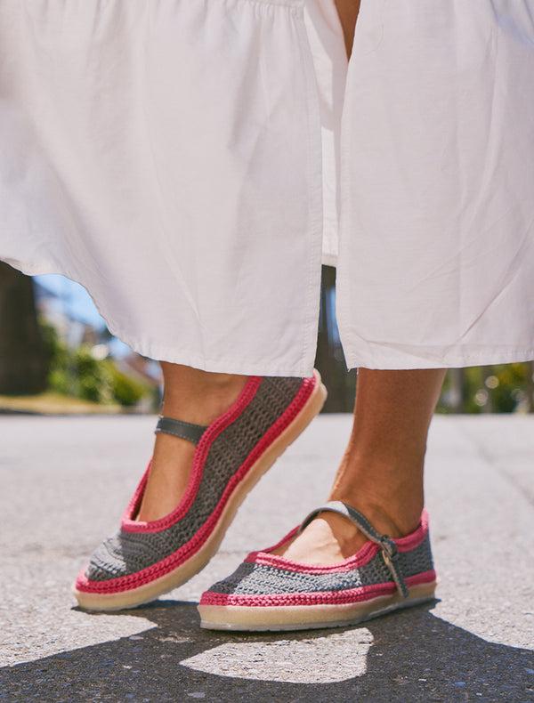 Laidbacklondon Loom Hand-Crocheted Mary Jane Flats Light Grey Pink