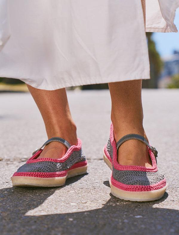 laidbacklondon Loom Hand-Crocheted Mary Jane Flats Light Grey Pink
