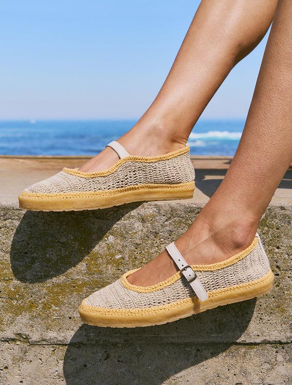Laidbacklondon Loom Hand-Crocheted Mary Jane Flats Natural Saffron