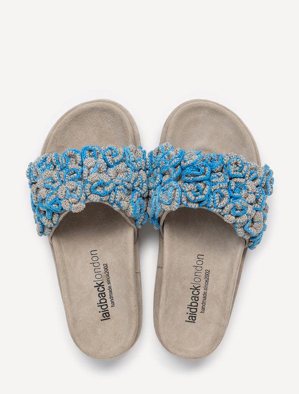 laidbacklondon Ren Handcrafted Floral Crochet Slide Sandals Neon Blue