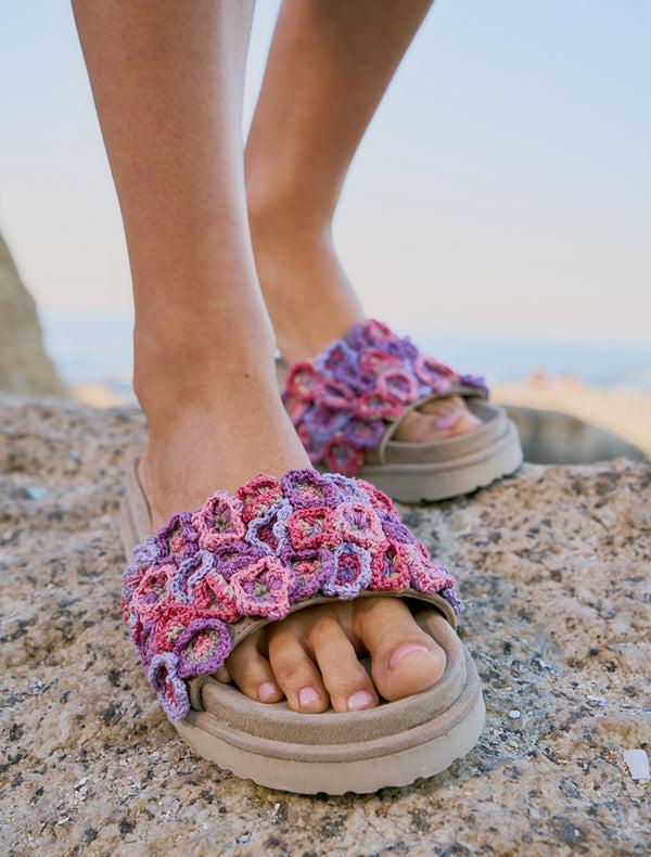 Laidbacklondon Ren Handcrafted Floral Crochet Slide Sandals Purple Mix