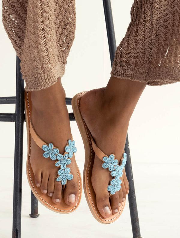 laidbacklondon Robyn Flat Light Brown Leather Turquoise