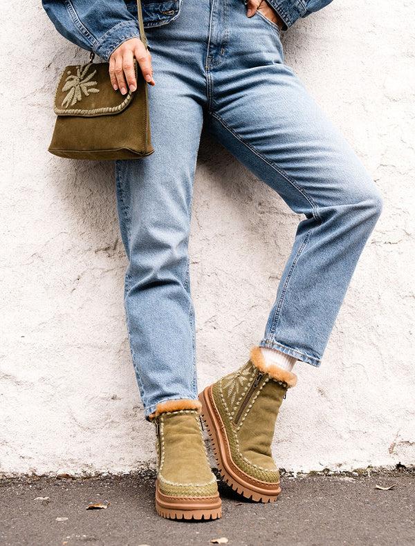 Laidbacklondon Setsu 4.0. Floral Ankle Boot Fern Suede Olive
