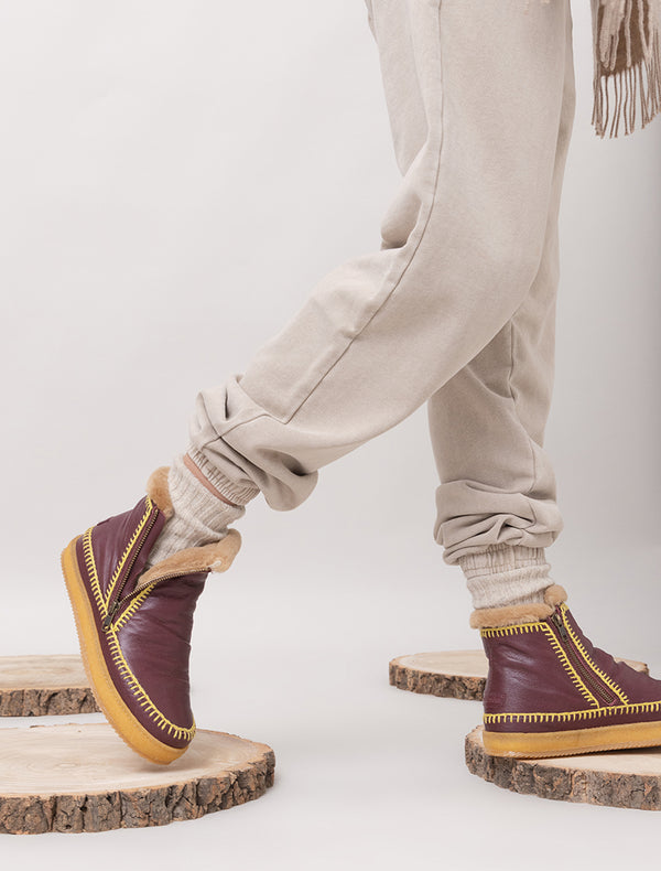 laidbacklondon Setsu Crochet Ankle Boot Cabernet Leather Ochre