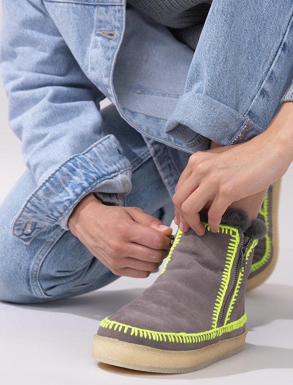 Laidbacklondon Setsu Crochet Ankle Boot Grey Suede Neon Yellow