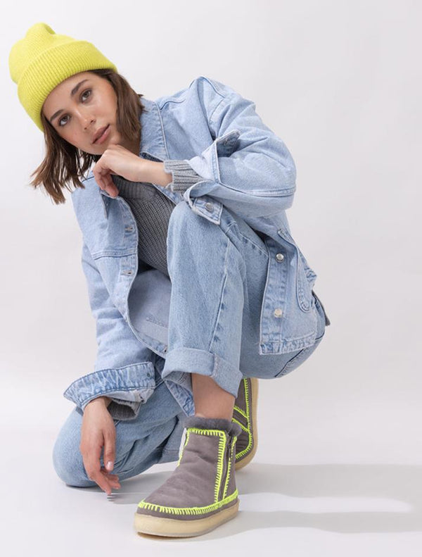Laidbacklondon Setsu Crochet Ankle Boot Grey Suede Neon Yellow