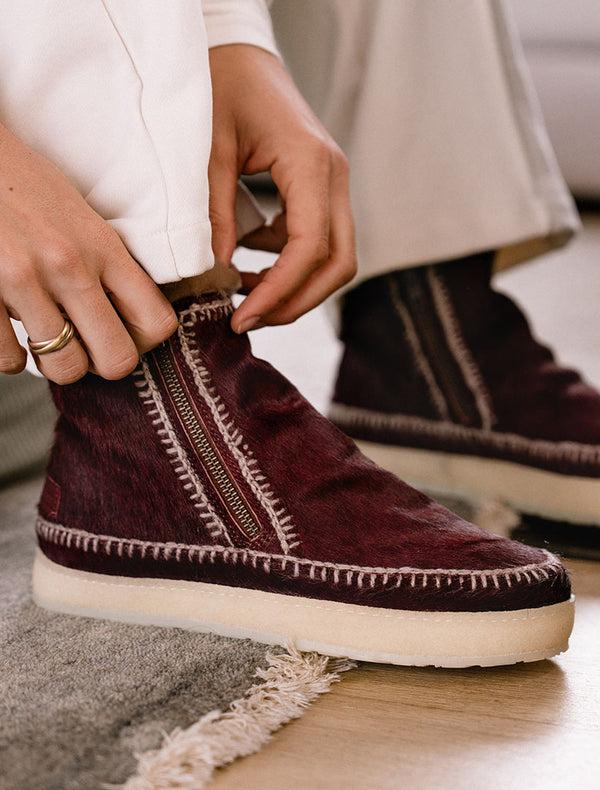 Laidbacklondon Setsu Crochet Crepe Ankle Boot Burgundy Pony Wheat