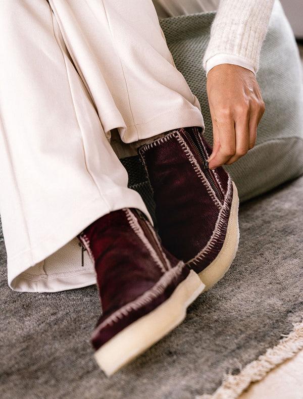 Laidbacklondon Setsu Crochet Crepe Ankle Boot Burgundy Pony Wheat