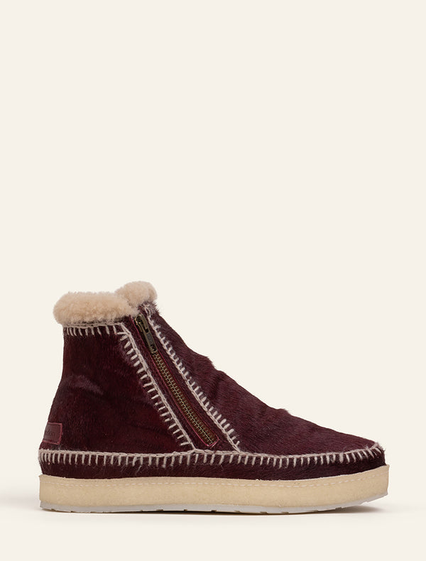 laidbacklondon Setsu Crochet Crepe Ankle Boot Burgundy Pony Wheat
