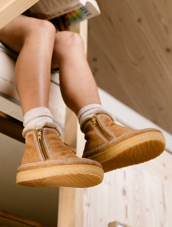 Laidbacklondon Setsu Crochet Crepe Ankle Boot Chestnut Suede Wheat