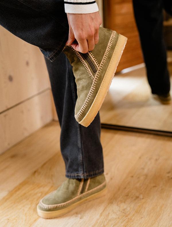 Laidbacklondon Setsu Crochet Crepe Ankle Boot Fern Suede Beige