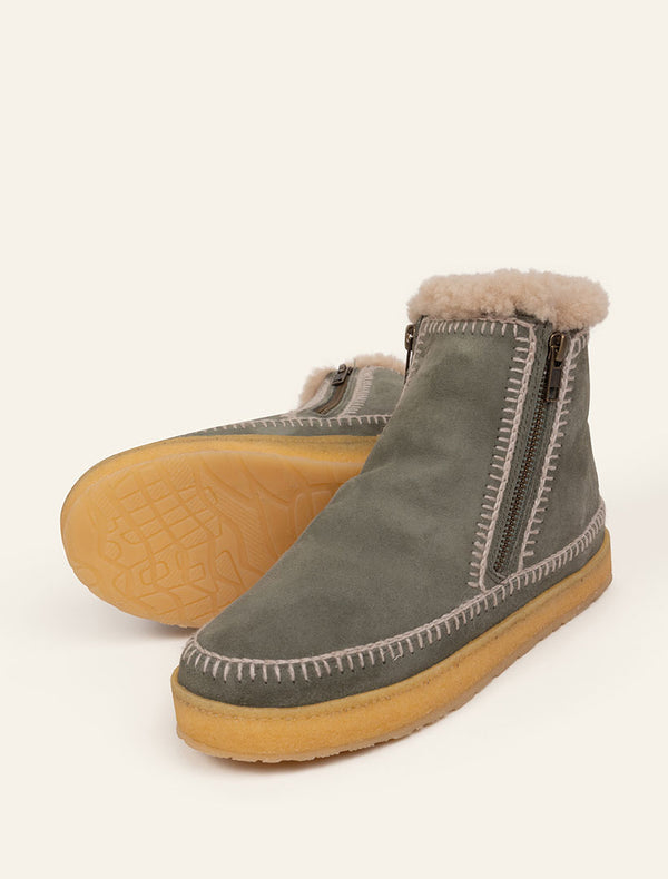 Laidbacklondon Setsu Crochet Crepe Ankle Boot Moss Suede Wheat