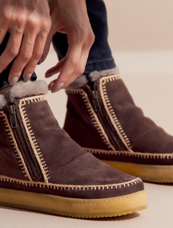 Laidbacklondon Setsu Crochet Side Zip Ankle Boot Choc Suede Beige