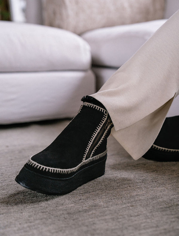 Laidbacklondon Setsu Platform Crochet Ankle Boot Black Suede Natural