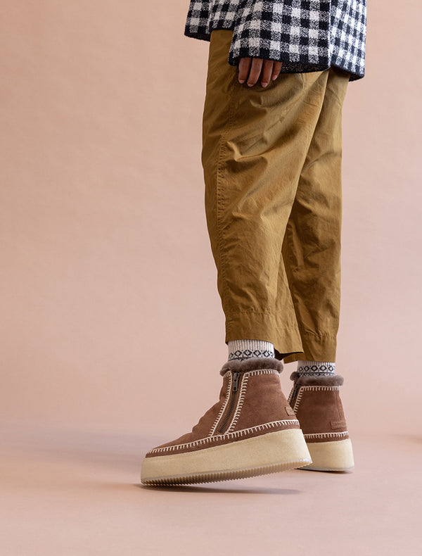 Laidbacklondon Setsu Platform Crochet Ankle Boot Camel Suede Natural