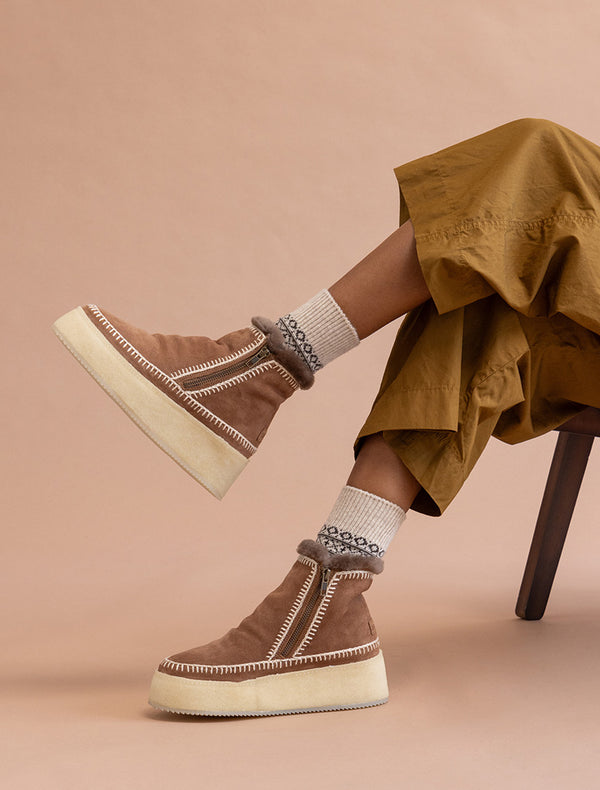 Laidbacklondon Setsu Platform Crochet Ankle Boot Camel Suede Natural