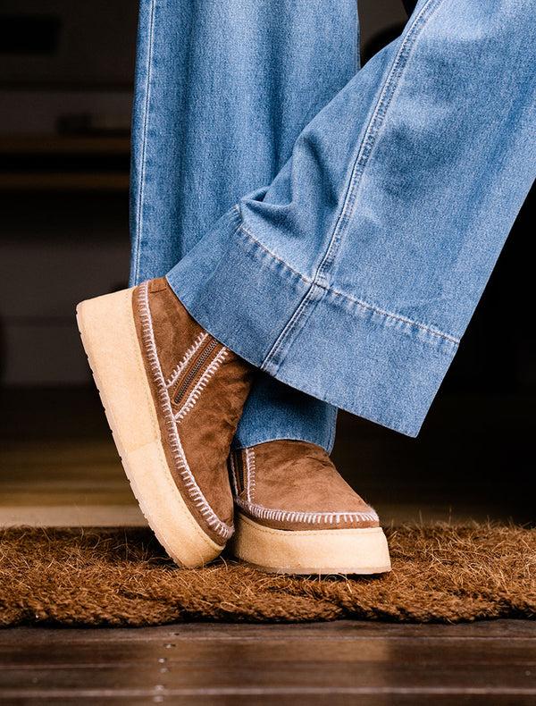 Laidbacklondon Setsu Platform Crochet Ankle Boot Nutmeg Suede Wheat