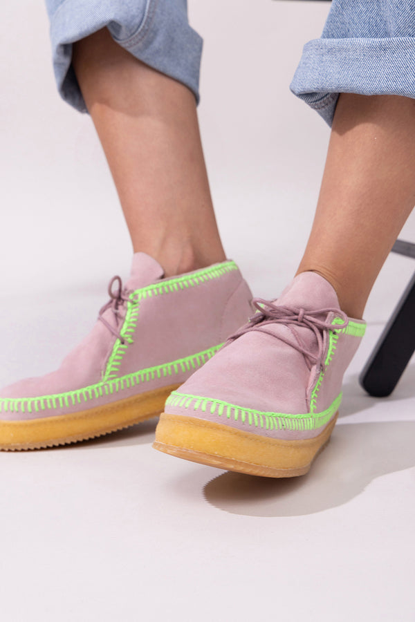 Laidbacklondon Shenje Crochet Lace Up Boots Misty Rose Suede Neon Green