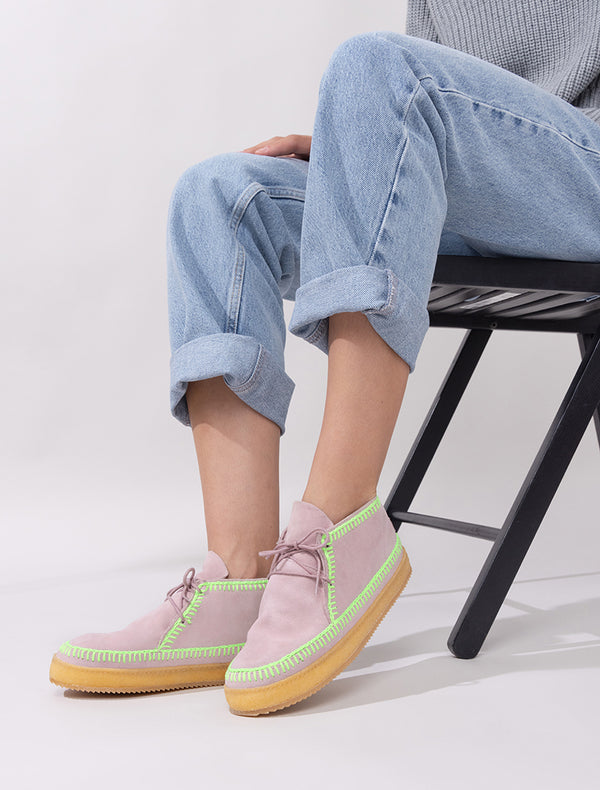 Laidbacklondon Shenje Crochet Lace Up Boots Misty Rose Suede Neon Green