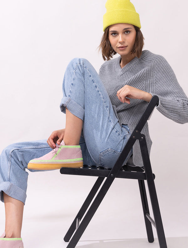 Laidbacklondon Shenje Crochet Lace Up Boots Misty Rose Suede Neon Green