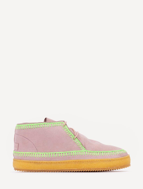 laidbacklondon Shenje Crochet Lace up Boots Misty Rose Suede Neon Green
