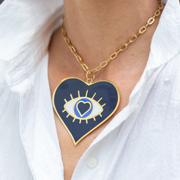 Laines London Blue & Gold Heart Eye Statement Collar Necklace