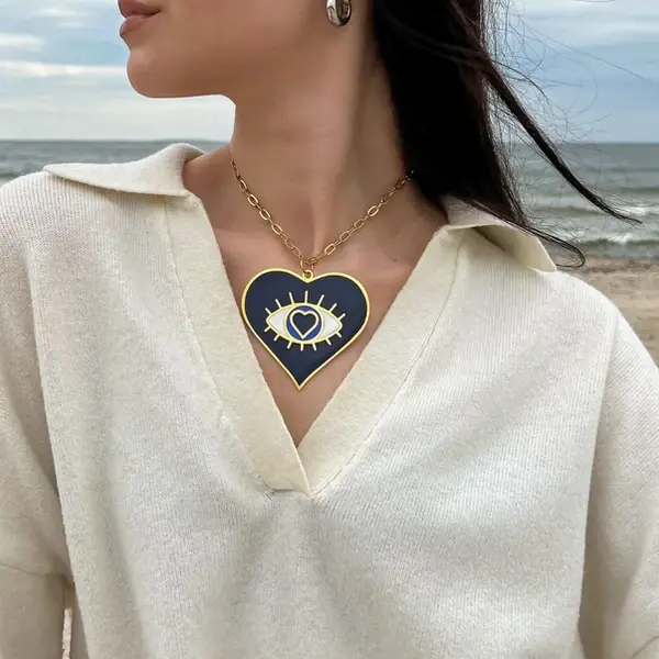 laines london Blue & Gold Heart Eye Statement Collar Necklace