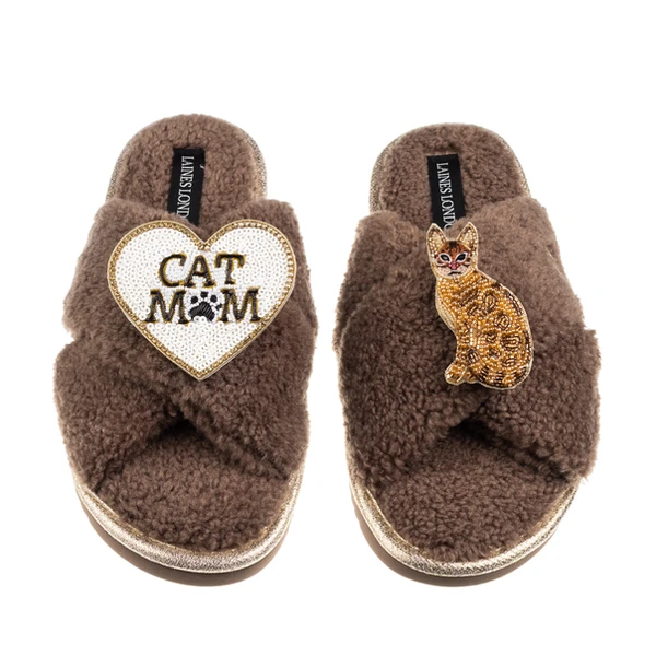 Laines London Boucle Slippers With Cat Mum/Mom & Bengal Cat Brooches