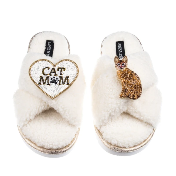Laines London Boucle Slippers With Cat Mum/Mom & Bengal Cat Brooches