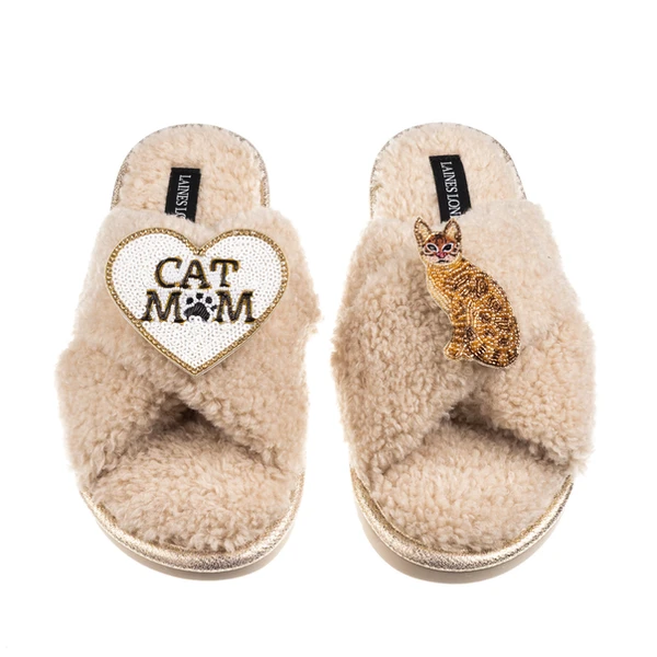 Laines London Boucle Slippers With Cat Mum/Mom & Bengal Cat Brooches