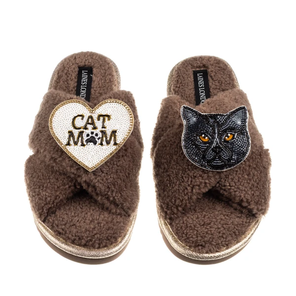 Laines London Boucle Slippers With Cat Mum/Mom & Black British Shorthair Brooches