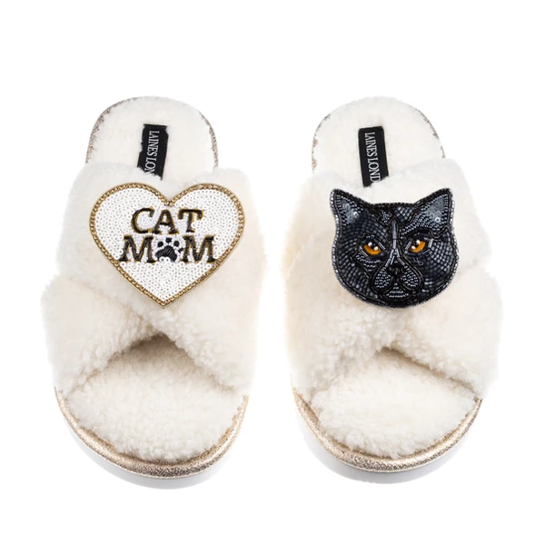 Laines London Boucle Slippers With Cat Mum/Mom & Black British Shorthair Brooches