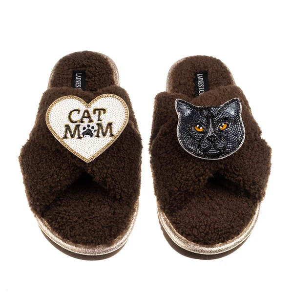 Laines London Boucle Slippers With Cat Mum/Mom & Black British Shorthair Brooches