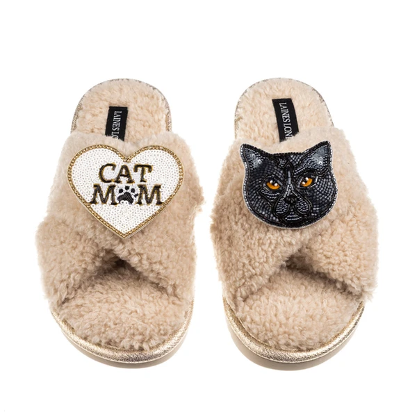 laines london Boucle Slippers With Cat Mum/Mom & Black British Shorthair Brooches