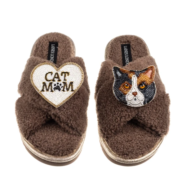 Laines London Boucle Slippers With Cat Mum/Mom & Calico British Shorthair Cat Brooches