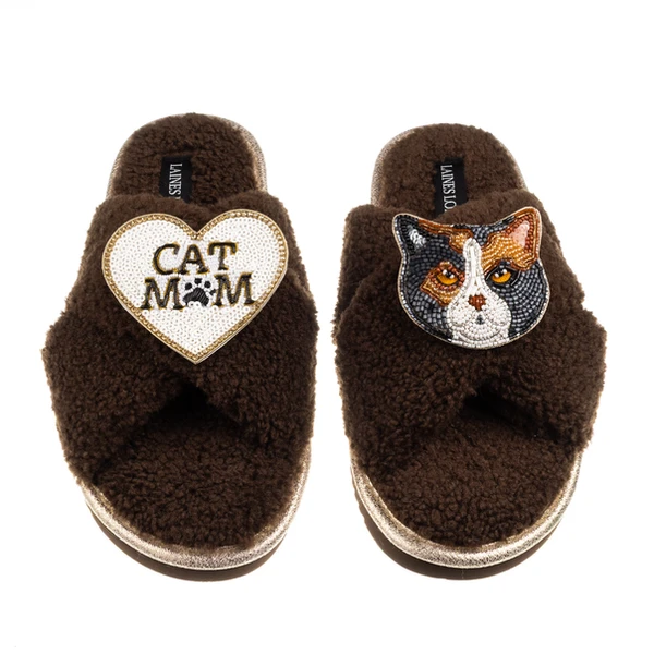 Laines London Boucle Slippers With Cat Mum/Mom & Calico British Shorthair Cat Brooches