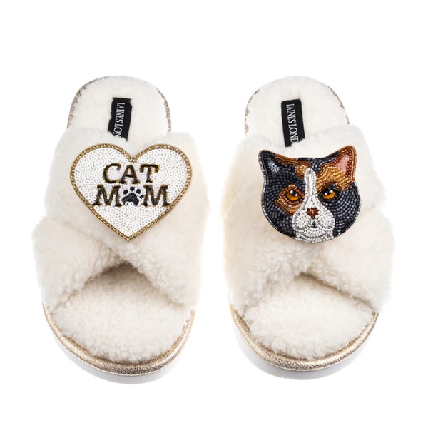 Laines London Boucle Slippers With Cat Mum/Mom & Calico British Shorthair Cat Brooches